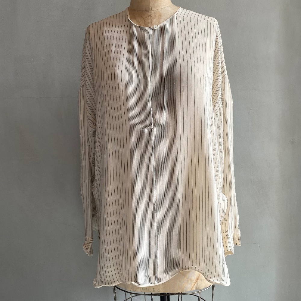 Vince Cream w/Black Variegated Stripes Tunic Blouse, Size Medium